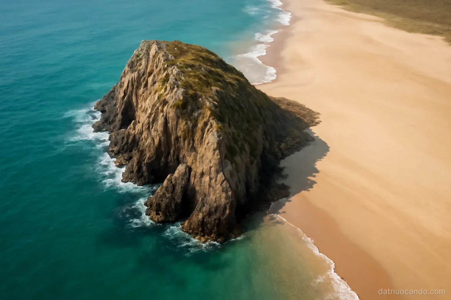 A rocky headland dropping straight into the sea on one side and a wide flat sandy shore on the other, aerial perspective