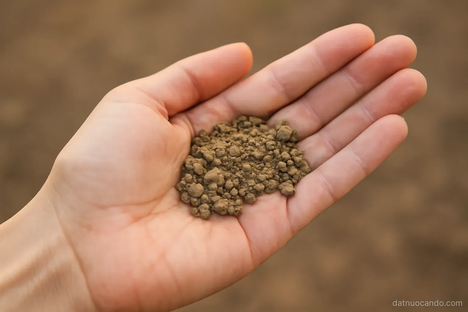 An open palm holding a small handful of dry soil and gravel, fingers slightly apart, soft outdoor light, close macro shot