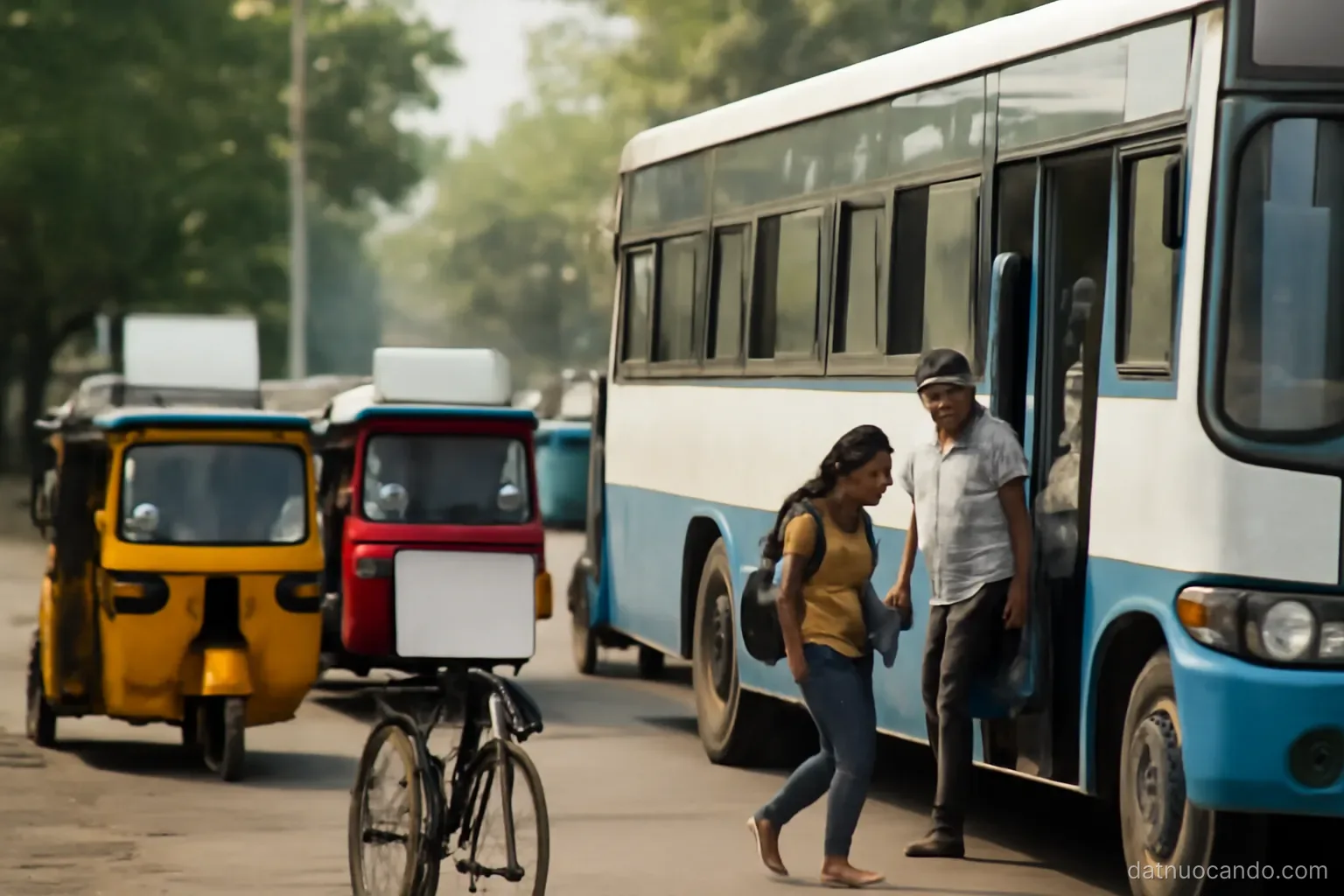 A bus stopping beside a cluster of three-wheelers and bicycles at a roadside stand, passengers moving between them