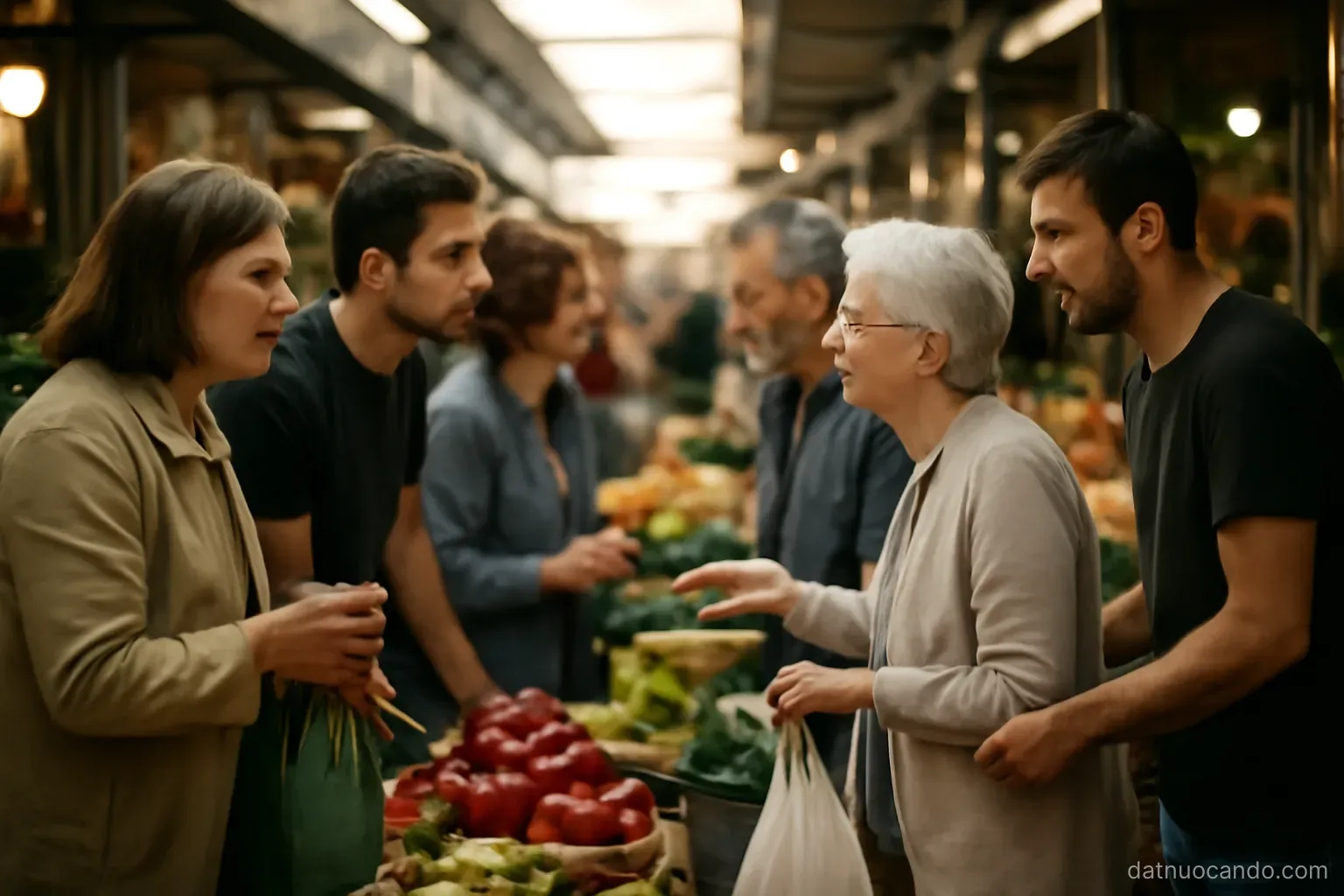 A crowded market aisle where several small conversations happen at once between vendors and shoppers, waist-level view