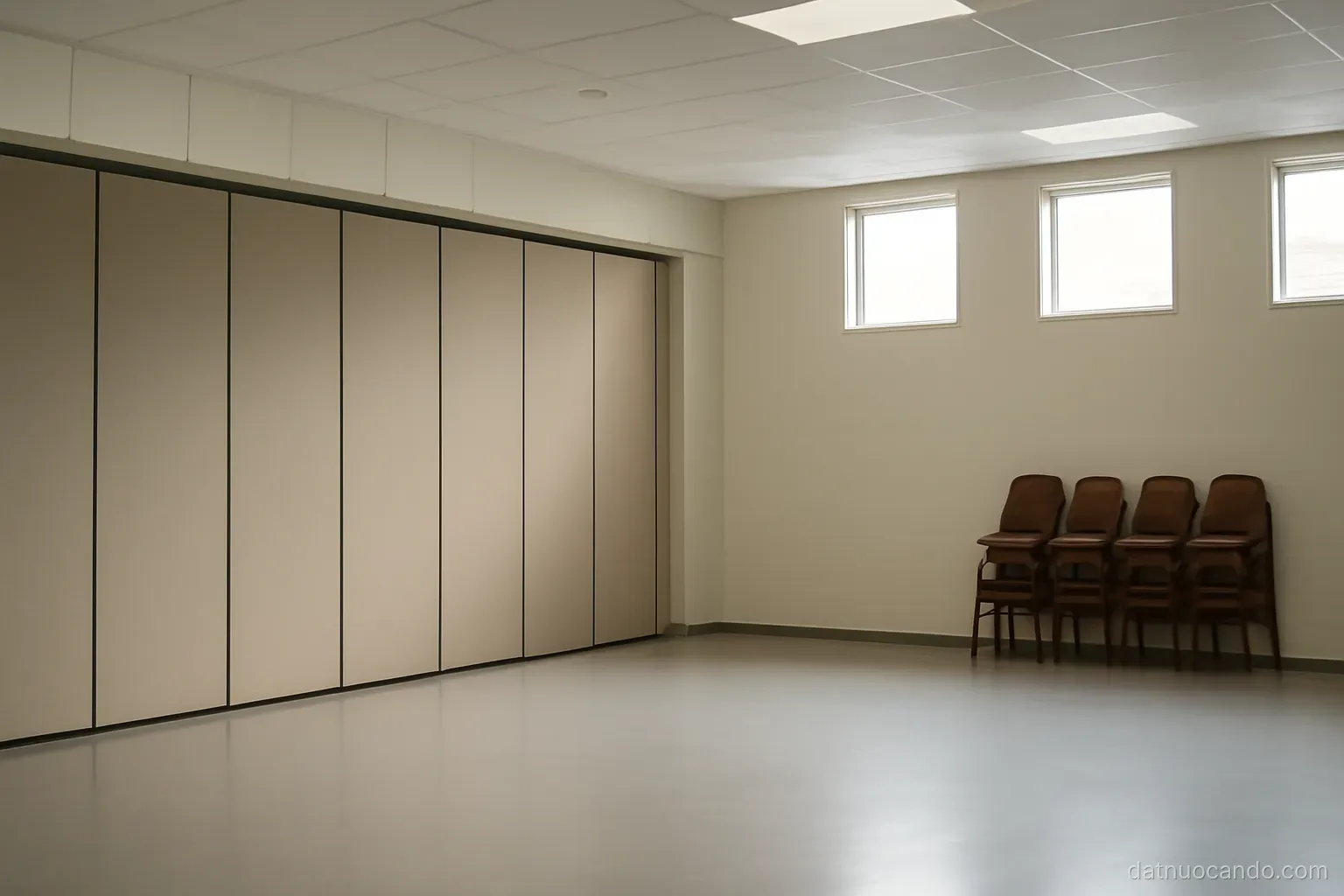 A large empty hall with movable partitions folded against one wall and stacked chairs in a corner, flat daylight