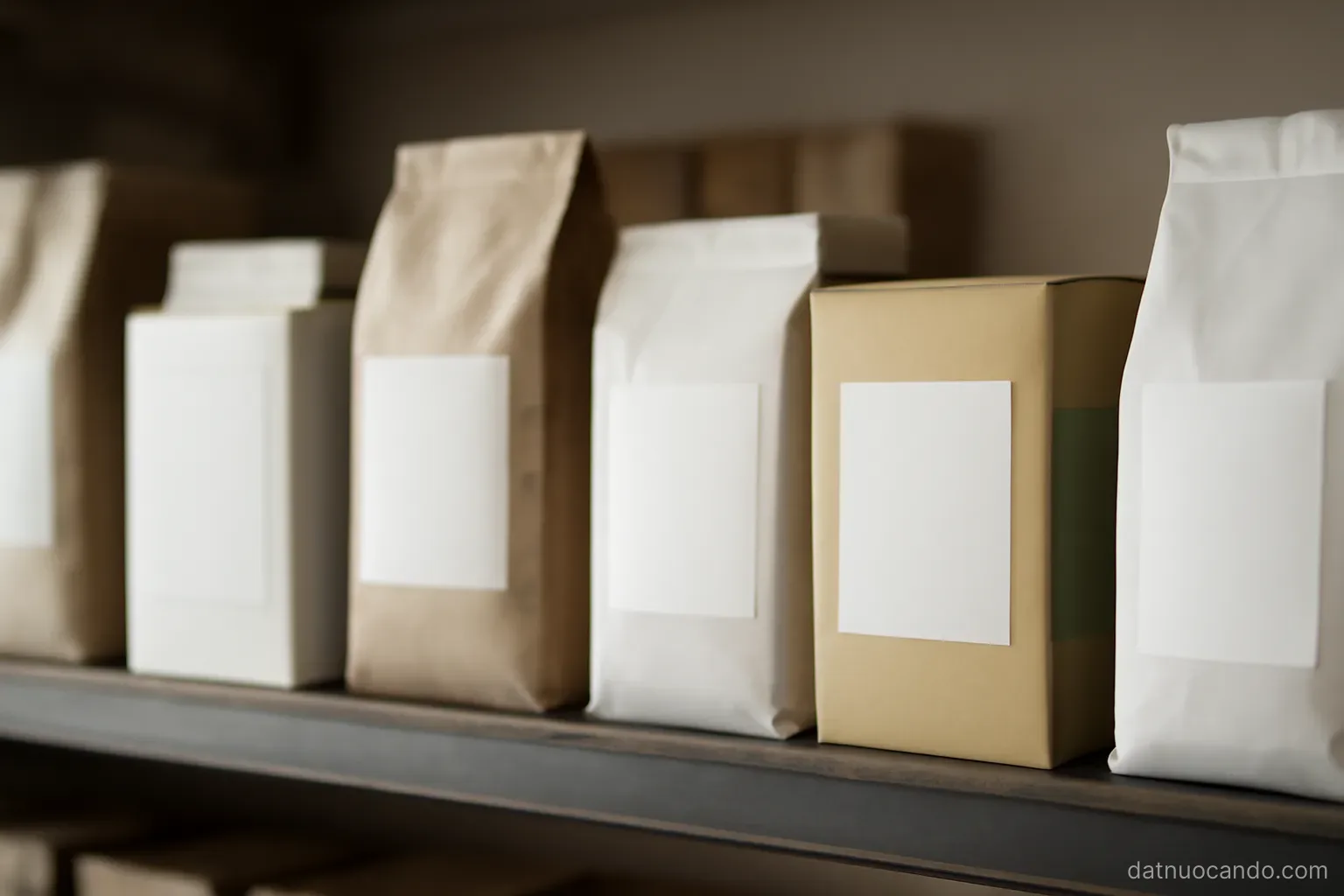 A row of packaged goods on a shelf with small printed panels and coloured marks on each, close side-on view