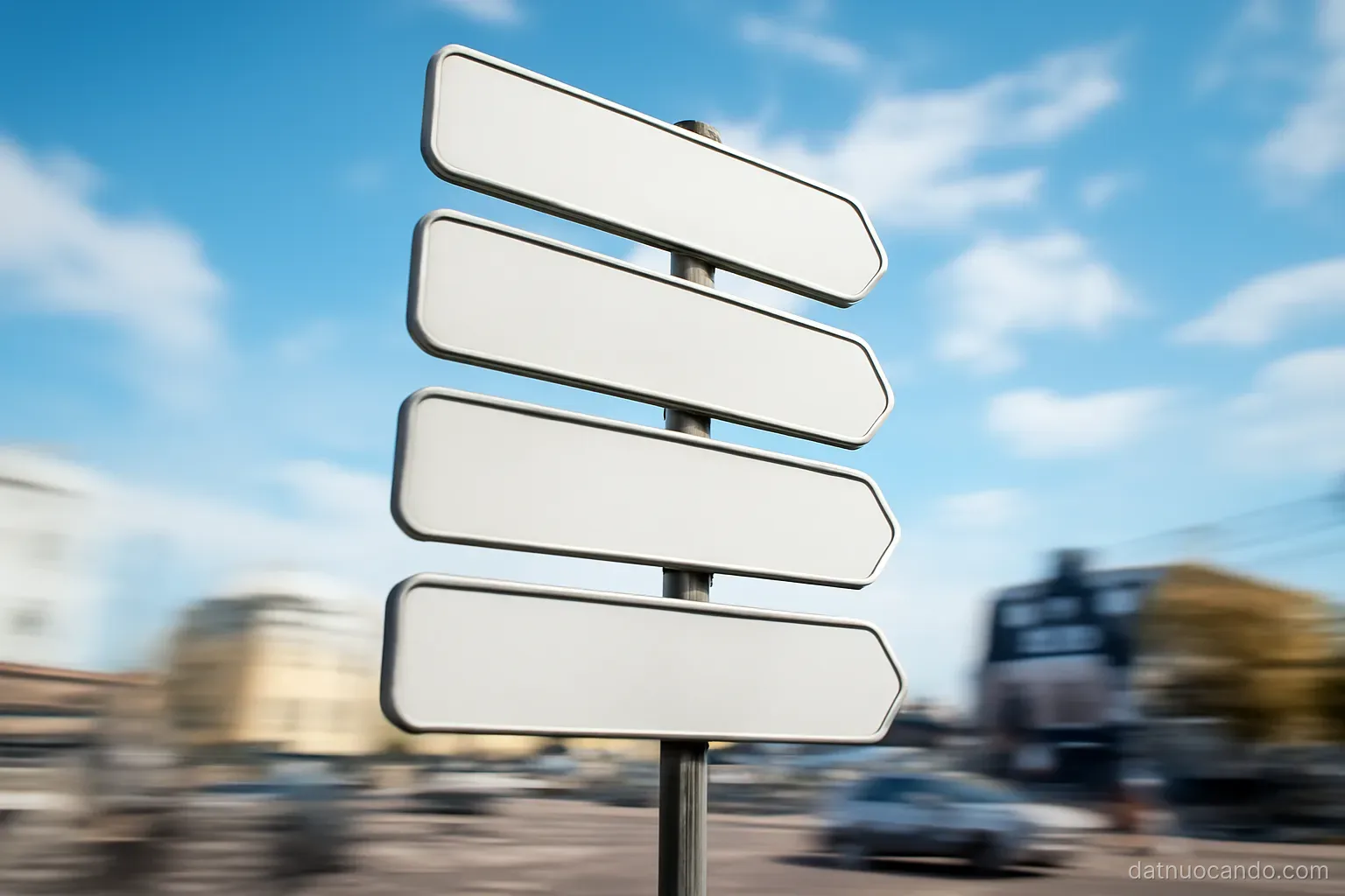 A street signpost with several stacked blank plates at a busy junction, low angle against bright sky, motion blur