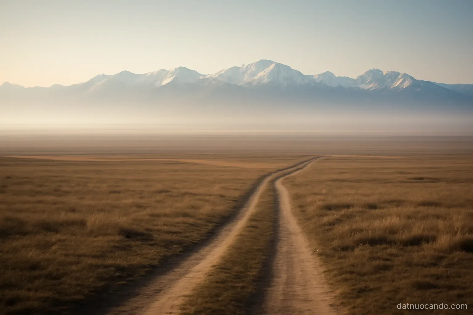 A wide plain stretching to distant snow-capped peaks on the horizon, a single dirt track crossing it, morning haze