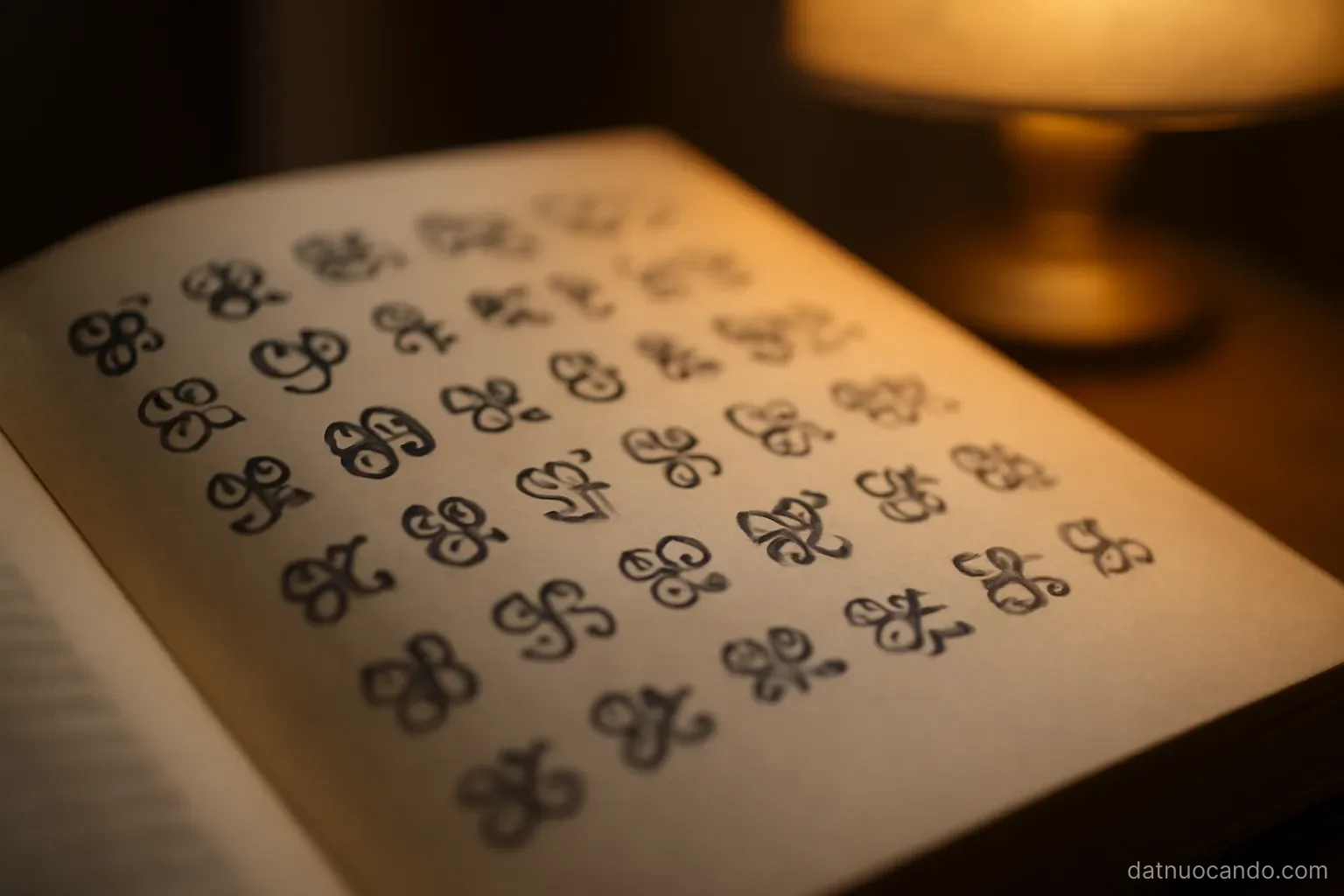 Close view of a printed page with unreadable decorative glyph shapes, shallow depth of field, warm lamp light from the side