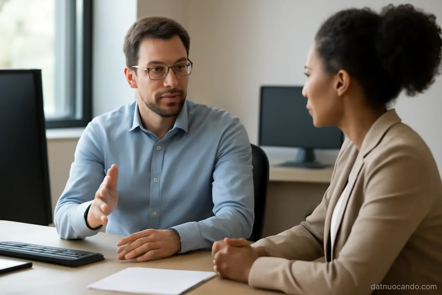 Two colleagues talking across a desk in an office, one gesturing mid-sentence while the other listens, natural window light