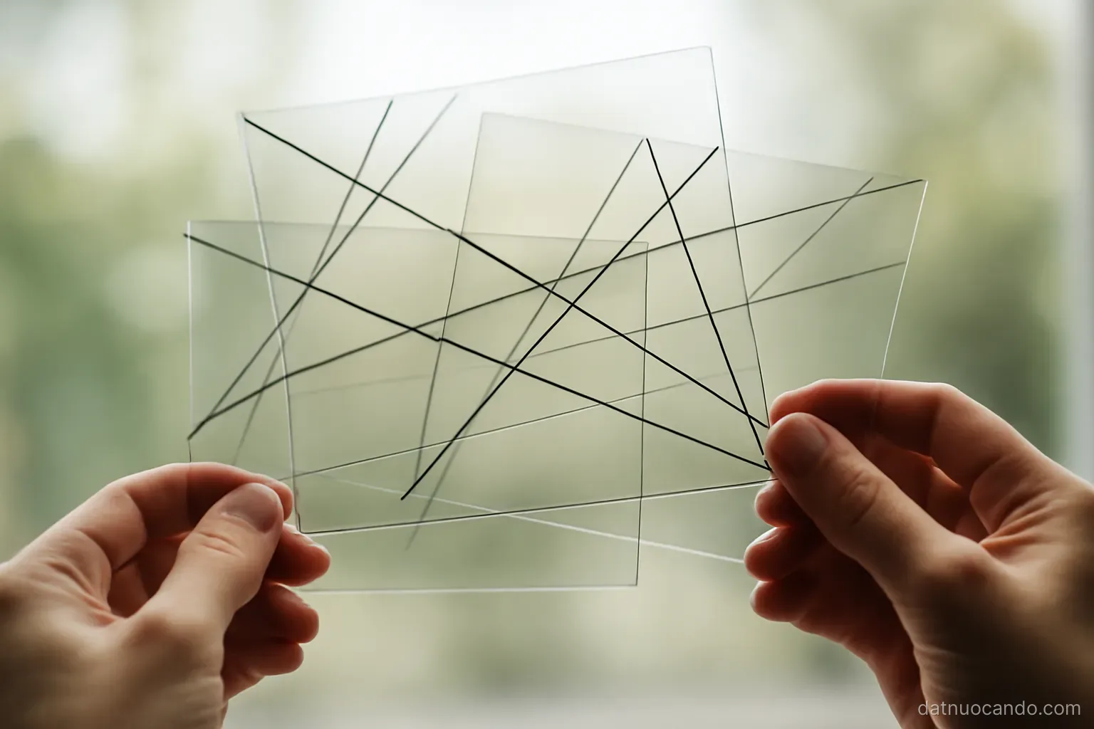 Three transparent sheets held up against daylight, their drawn lines overlapping at different angles, close shot of two hands