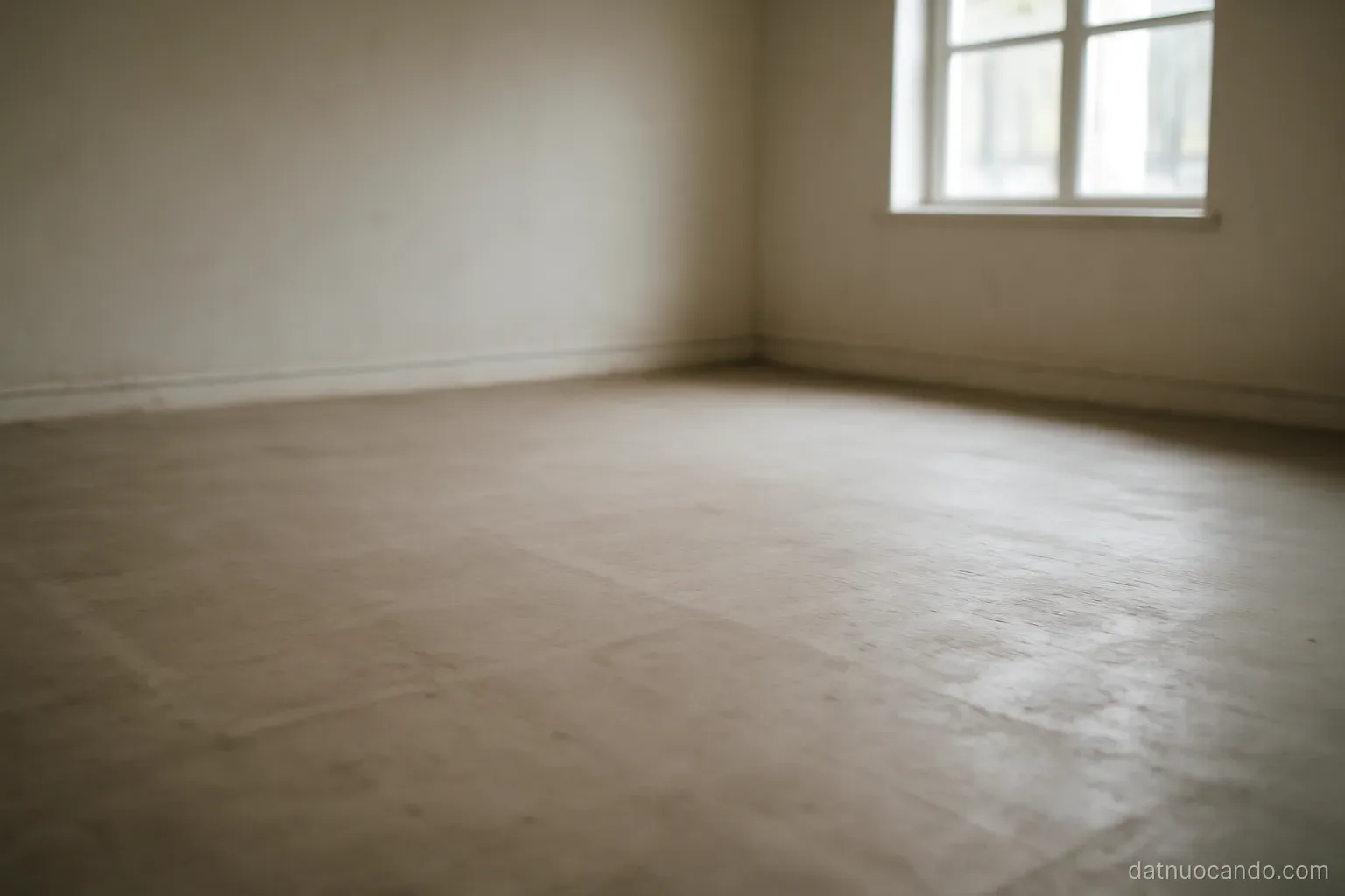 A wide bare floor with faint marks where furniture once stood, nothing else in the room, cool even light