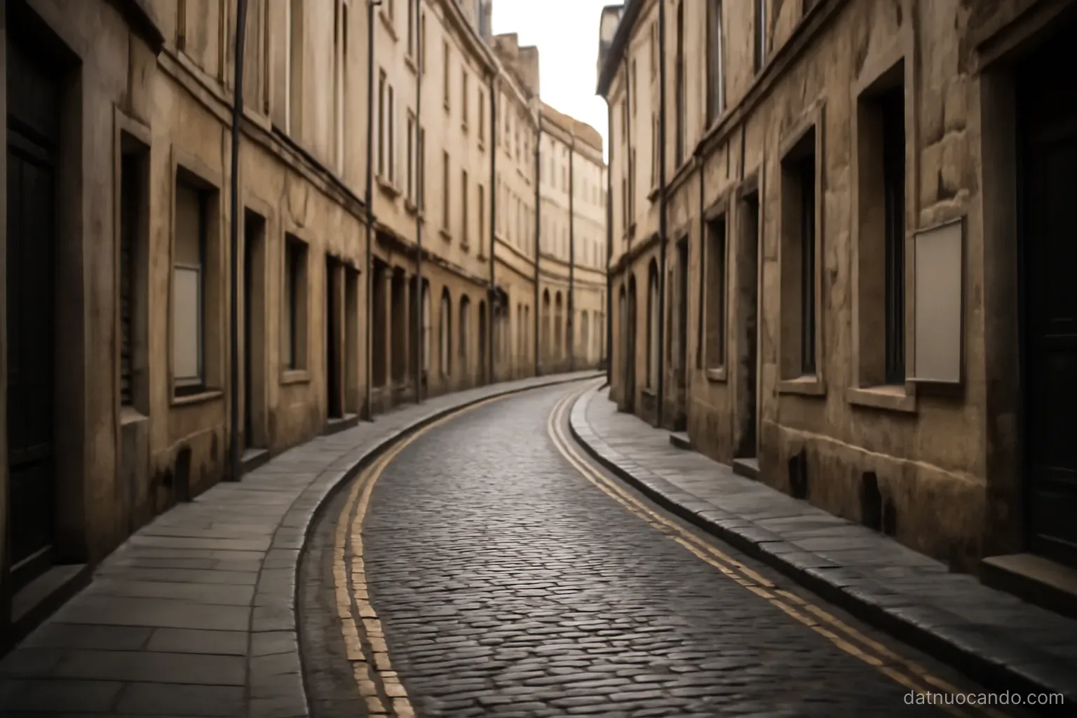 A street that bends sharply for no visible reason between two rows of buildings, viewed straight down the bend