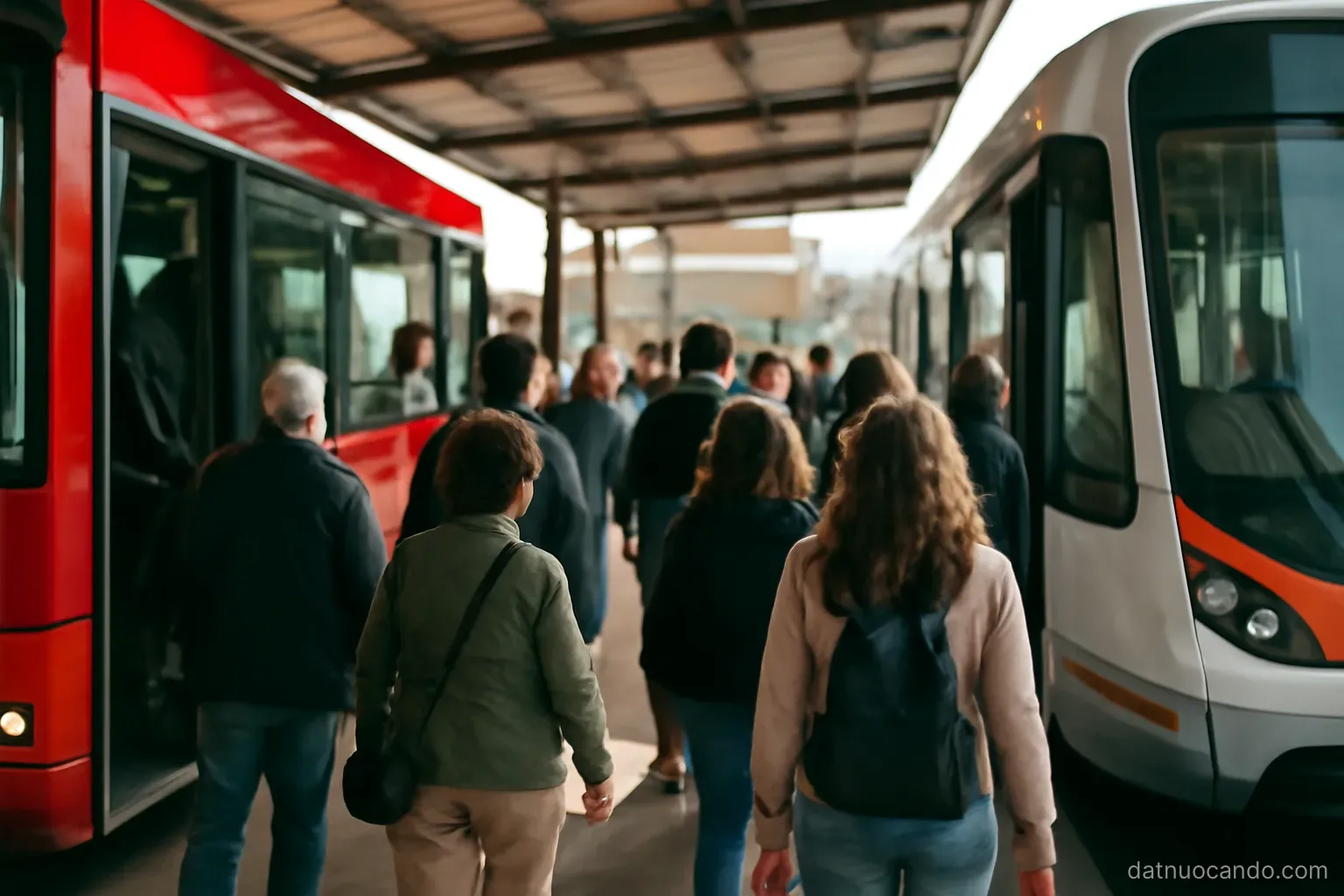 A crowded transfer point where people move between two different kinds of vehicles under a simple shelter roof