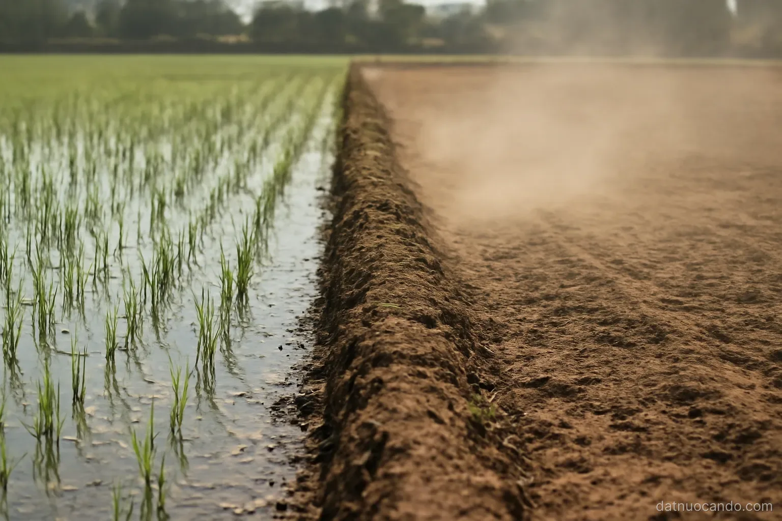 Two neighbouring fields at the same moment, one waterlogged and one dusty, a narrow bund running between them
