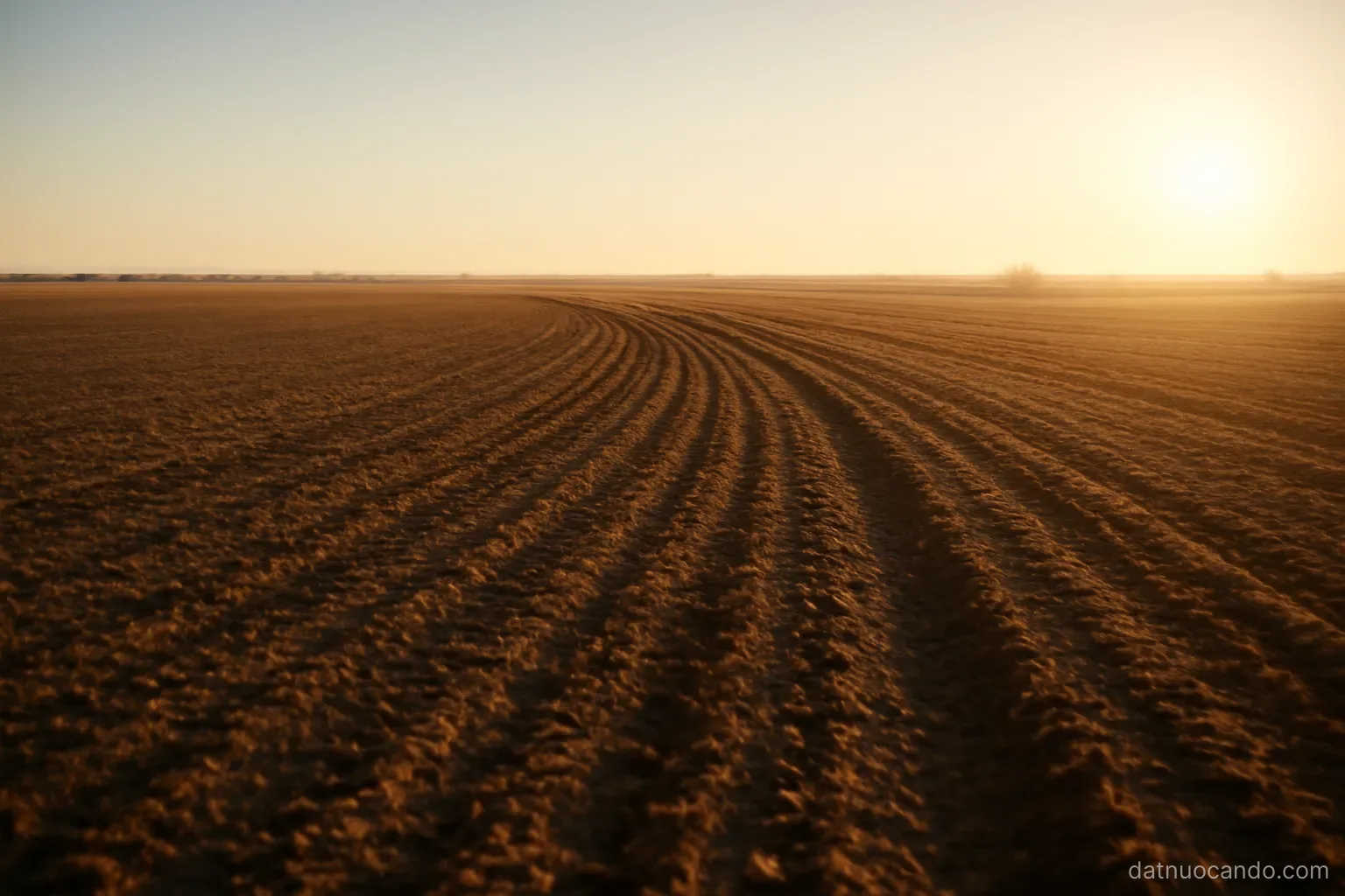 Flat farmland stretching to the horizon with a faint curved depression crossing it, low sun casting long shadows