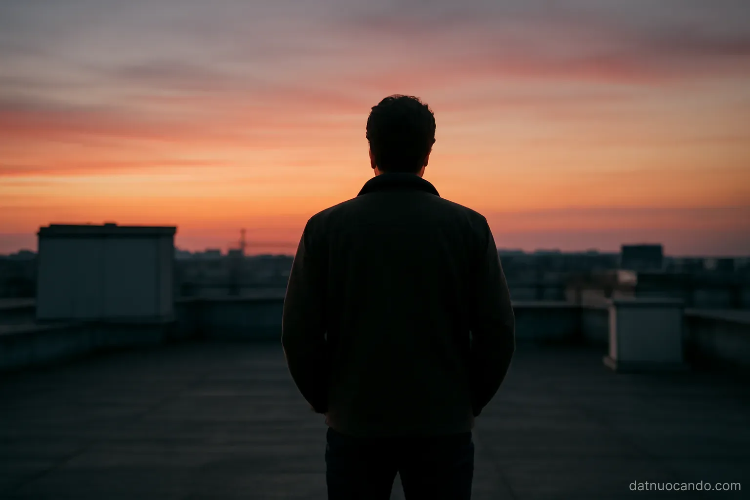 A person standing still on a flat rooftop watching a distant sky change colour, back to camera, wide evening frame
