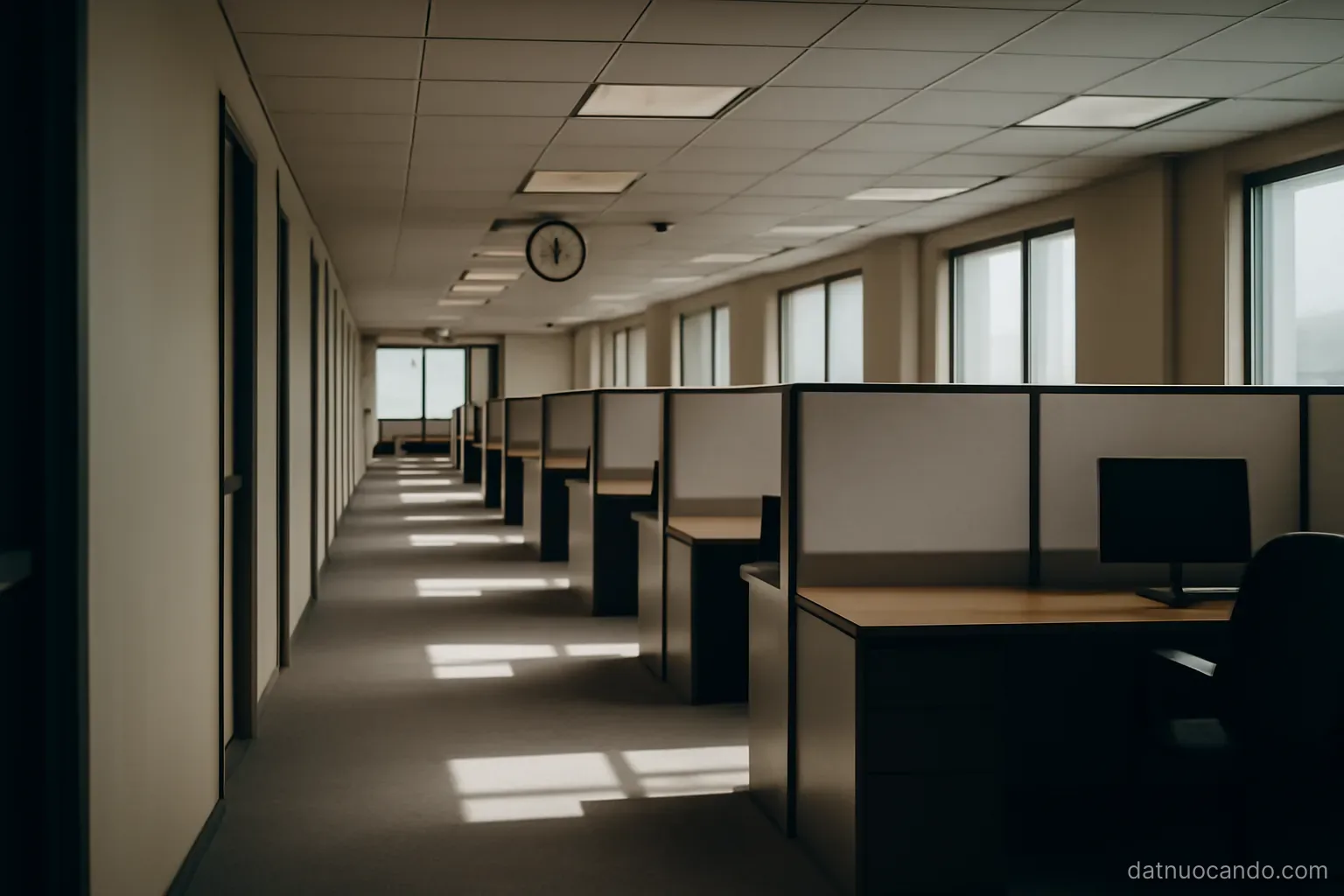A quiet office corridor with lights on and every desk empty, clock visible but unreadable, midday shadows on the floor