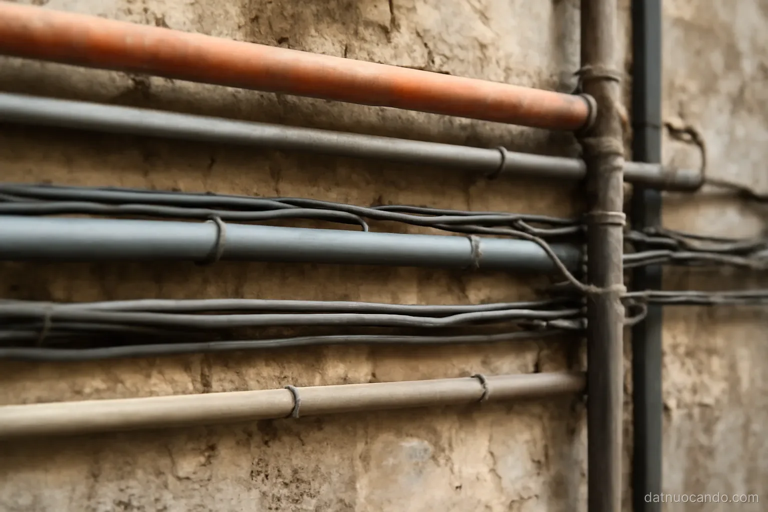 A wall where several generations of pipes and cables run side by side at different depths and thicknesses, close view