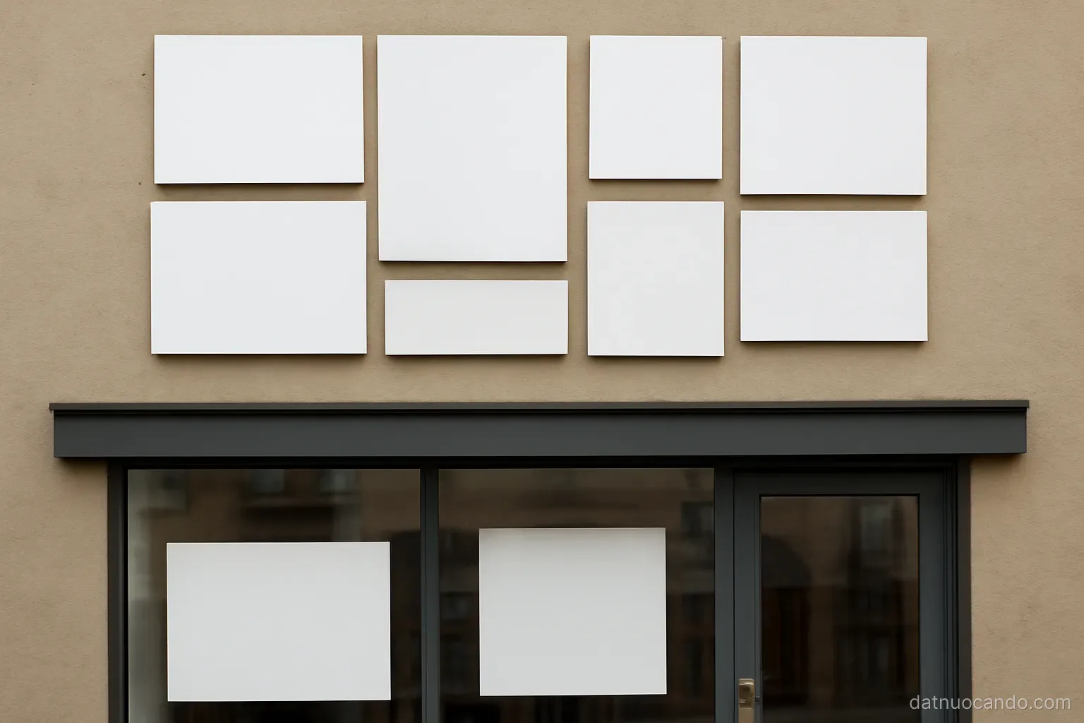 A wall of stacked blank rectangular panels of different sizes above a shop front, straight-on view in flat afternoon light