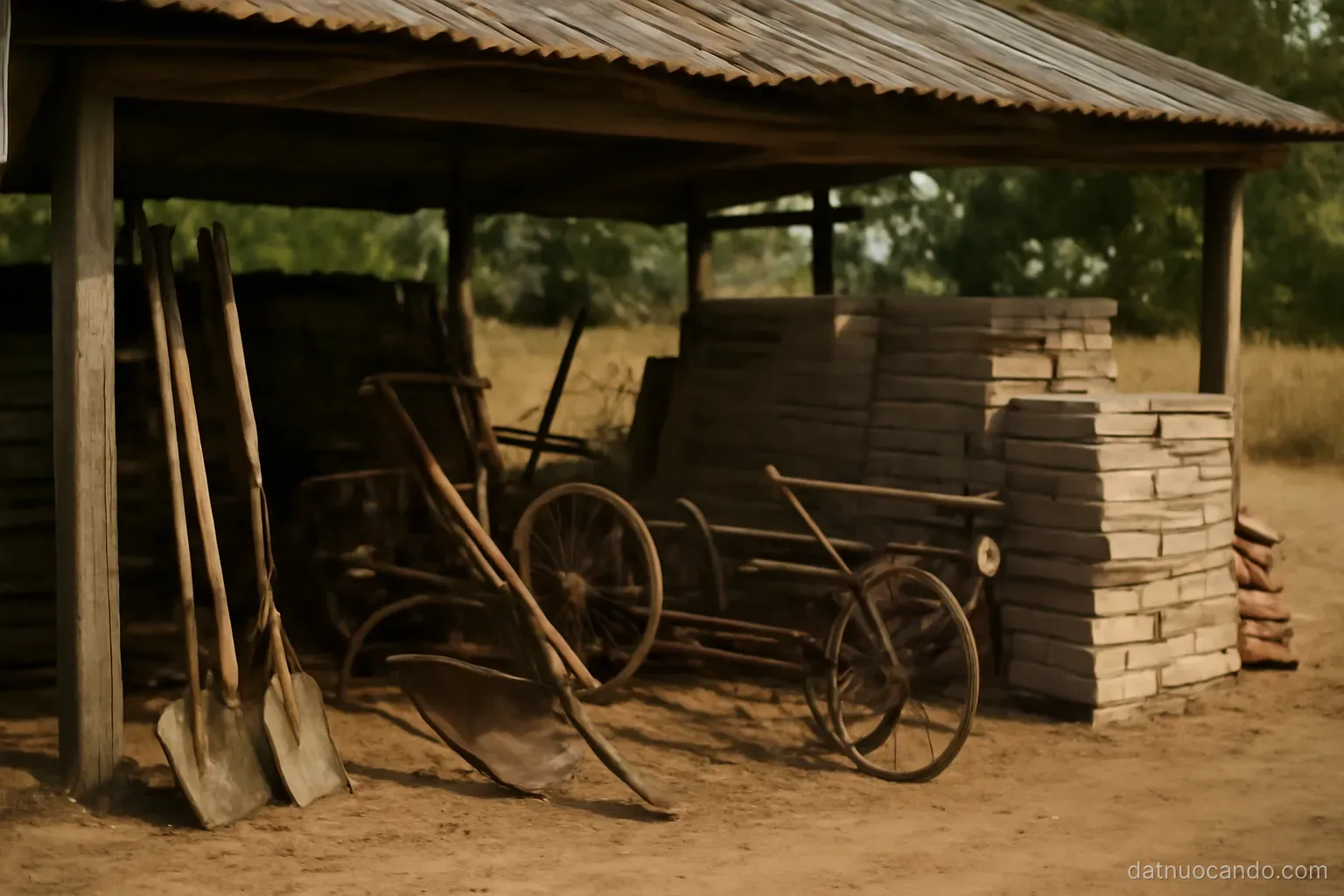 Idle farm implements stored under a shelter beside a stack of building materials, dry season light, wide shot