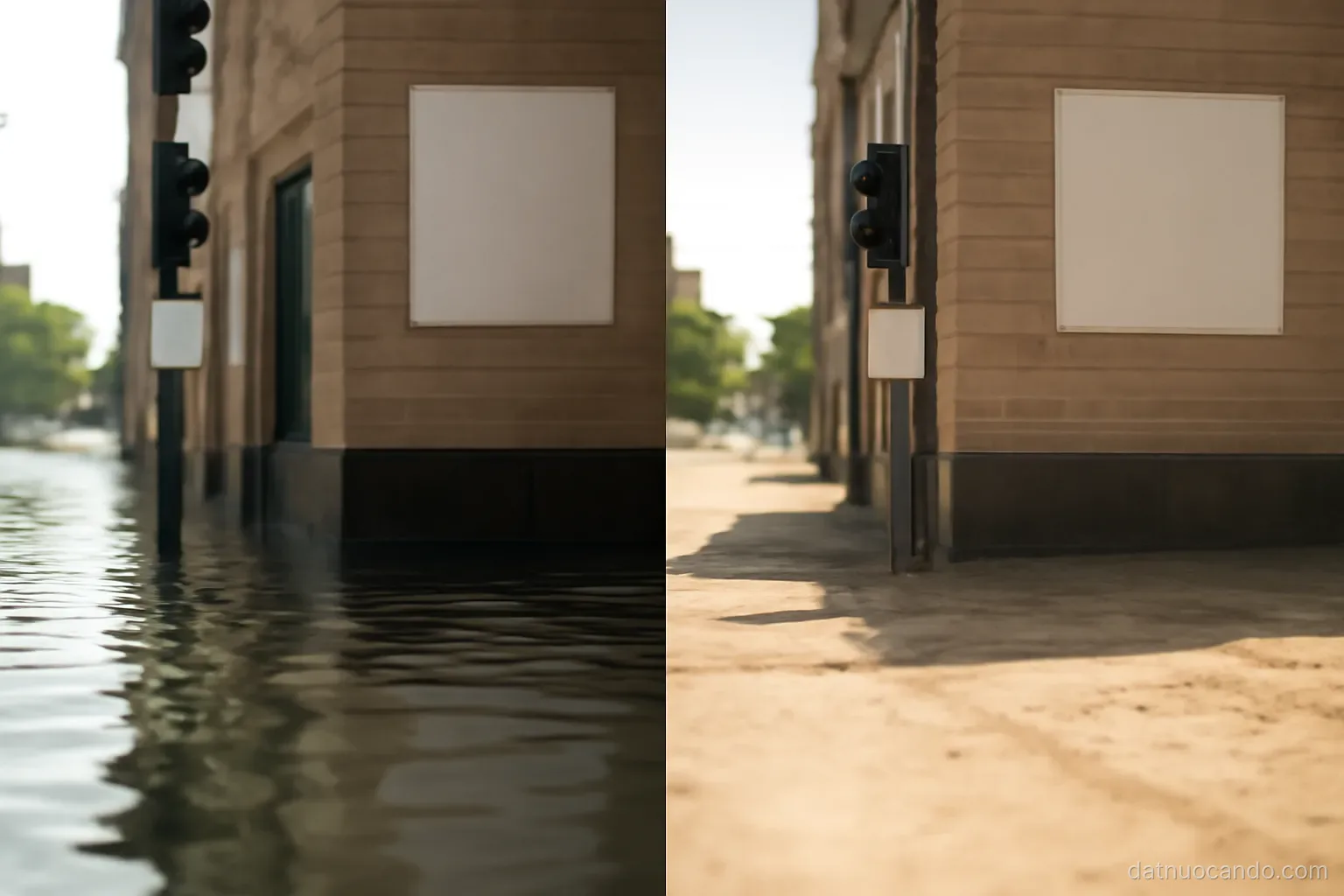 The same street corner shown as a flooded surface and as a dusty dry one, split composition, midday light