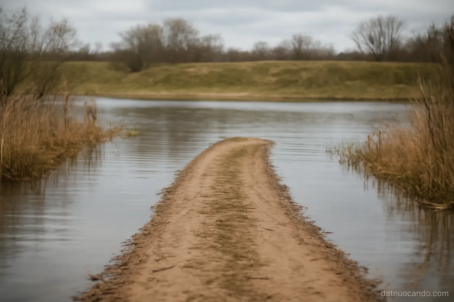 A track across low ground that disappears into standing water halfway, dry embankment visible on the far side