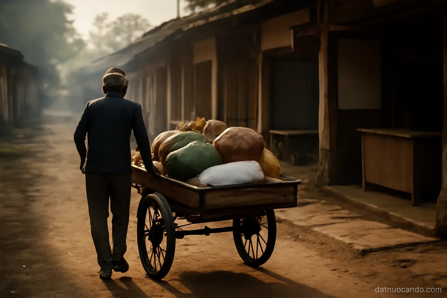 A loaded handcart being pushed along a village lane past open shopfronts, early morning, low side light