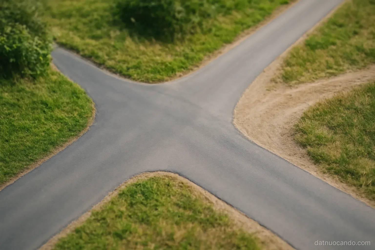 A junction where a wide paved road, a narrow lane and a dirt track meet at different angles, seen from above