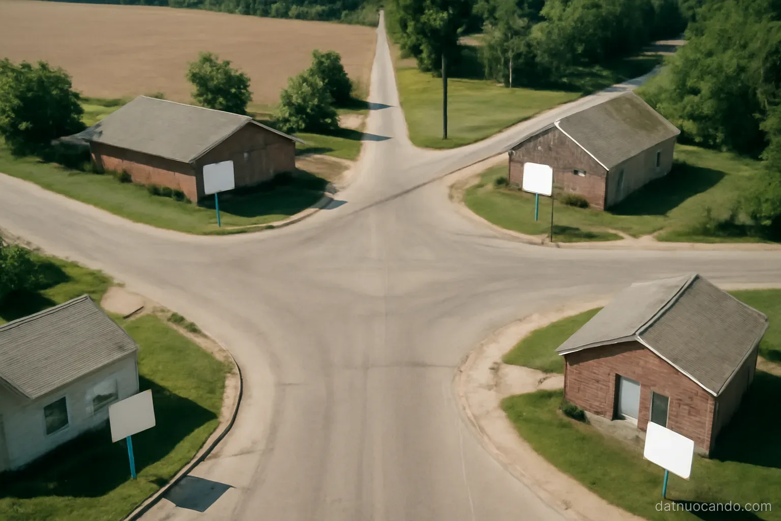 A crossroads in a small town with lanes leading in four directions toward different terrain, viewed from above at midday