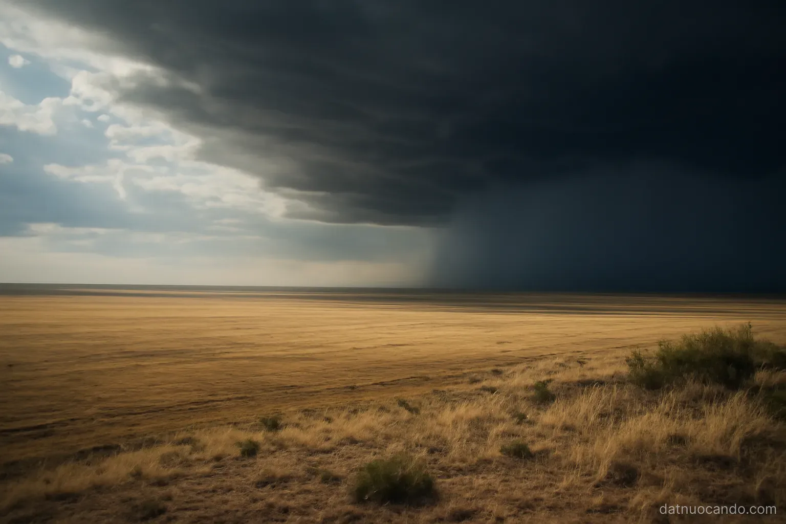 A dark rain front advancing across a wide dry plain, half the land still in sunlight, seen from a low ridge