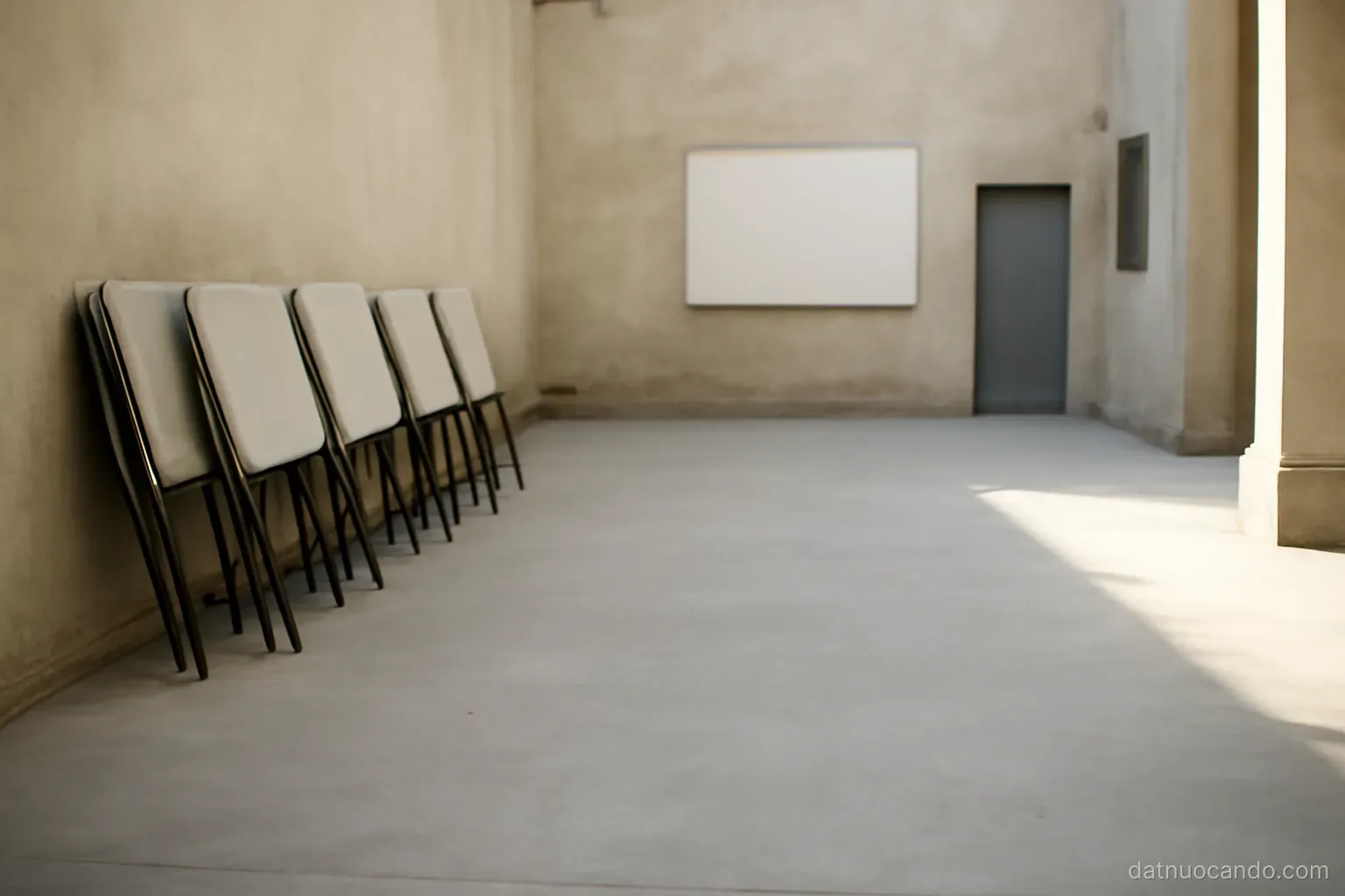 A bare covered courtyard with a smooth floor, folding tables leaning along one side, wide shot in even shade