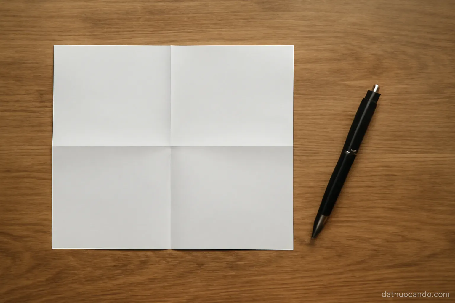 A blank sheet of paper folded into four quadrants lying on a wooden table beside a pen, overhead shot, even daylight
