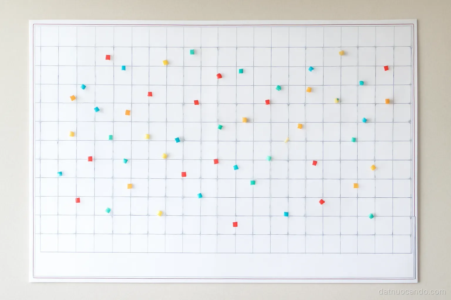 A wall planner covered with many small coloured markers at uneven intervals, photographed straight on in office light
