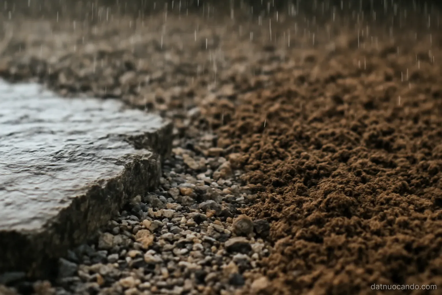 Rain falling on bare rock, on coarse gravel and on soft ploughed earth, three adjacent ground types in one frame