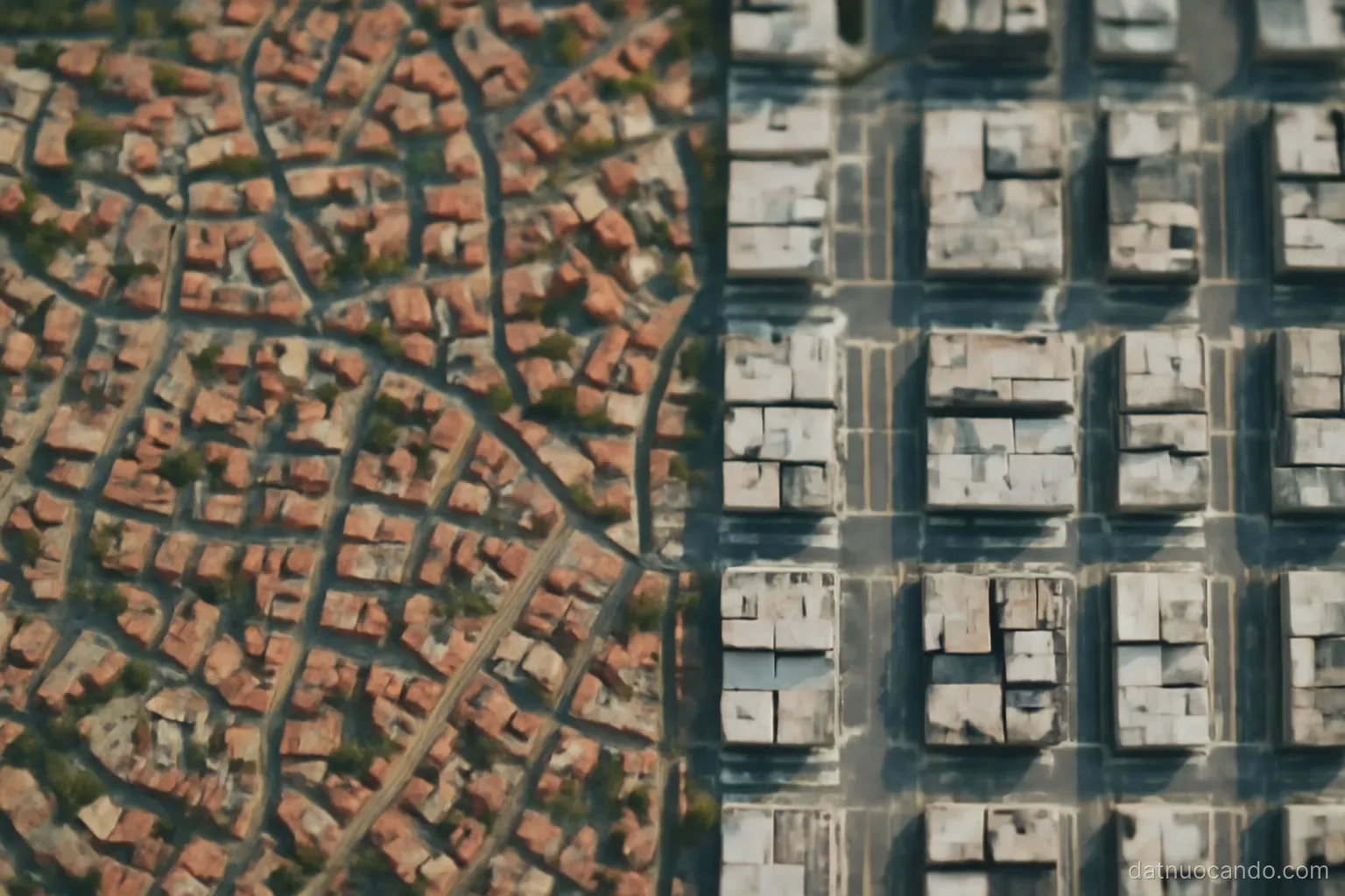 An aerial view where narrow winding lanes meet a grid of wide straight streets along an abrupt irregular boundary