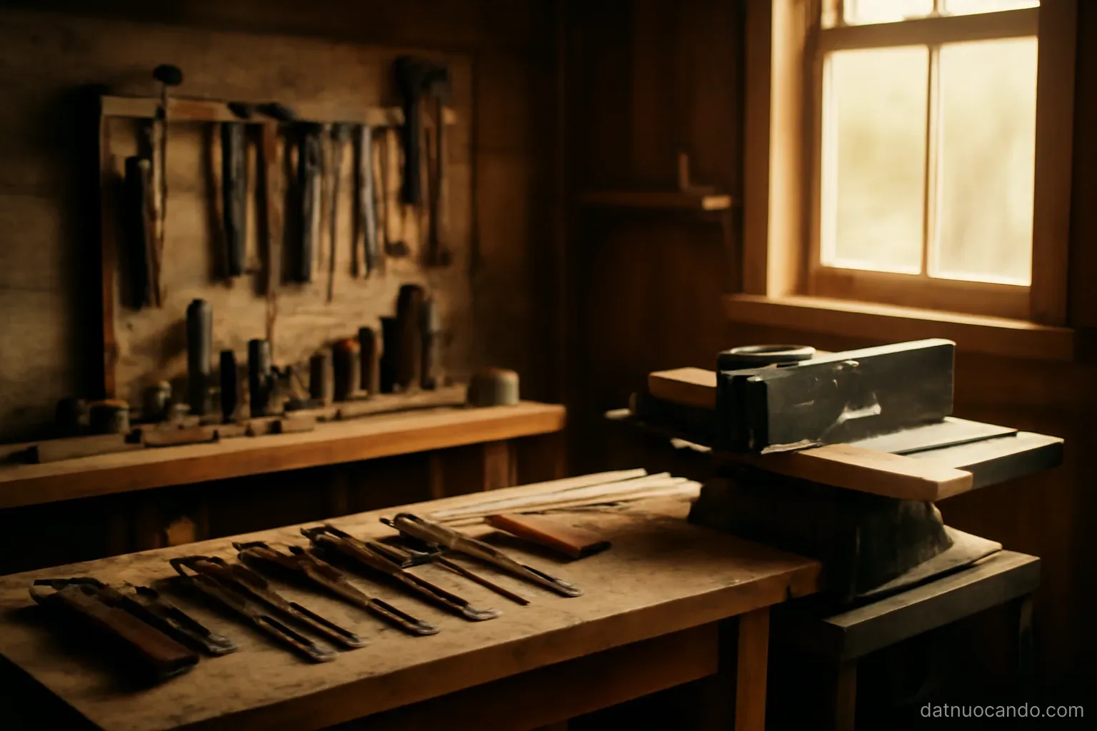 A small workshop with hand tools on one bench and a single powered machine on another, both in use, warm interior light