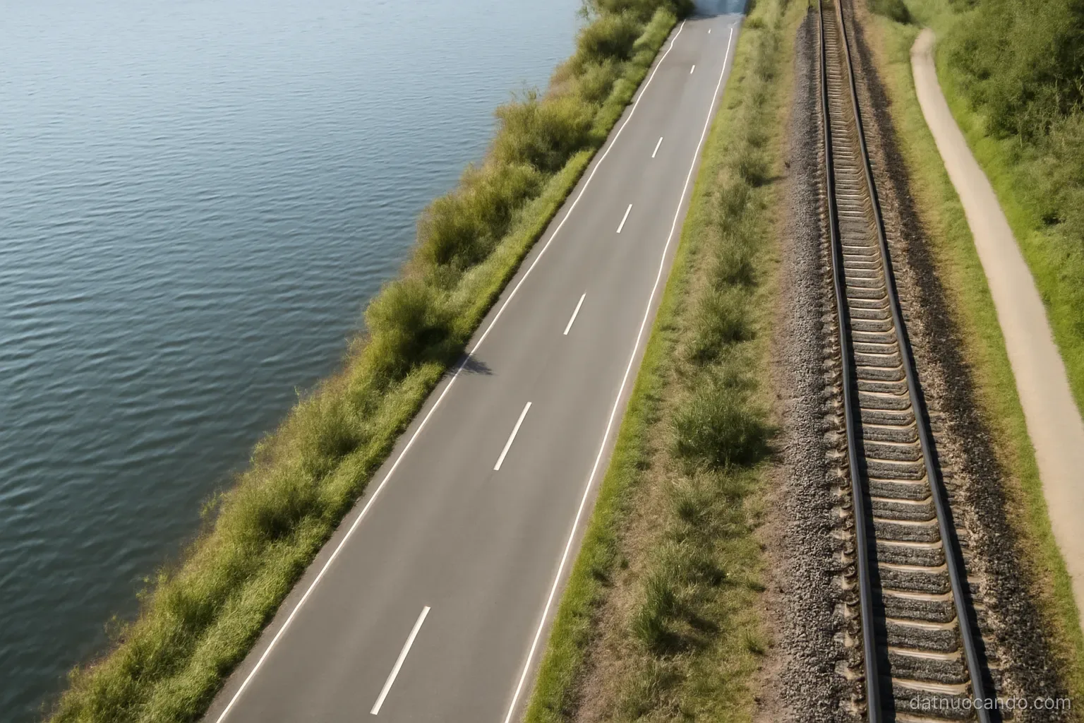 A riverbank where a road, a rail line and a footpath run side by side at slightly different angles, aerial view