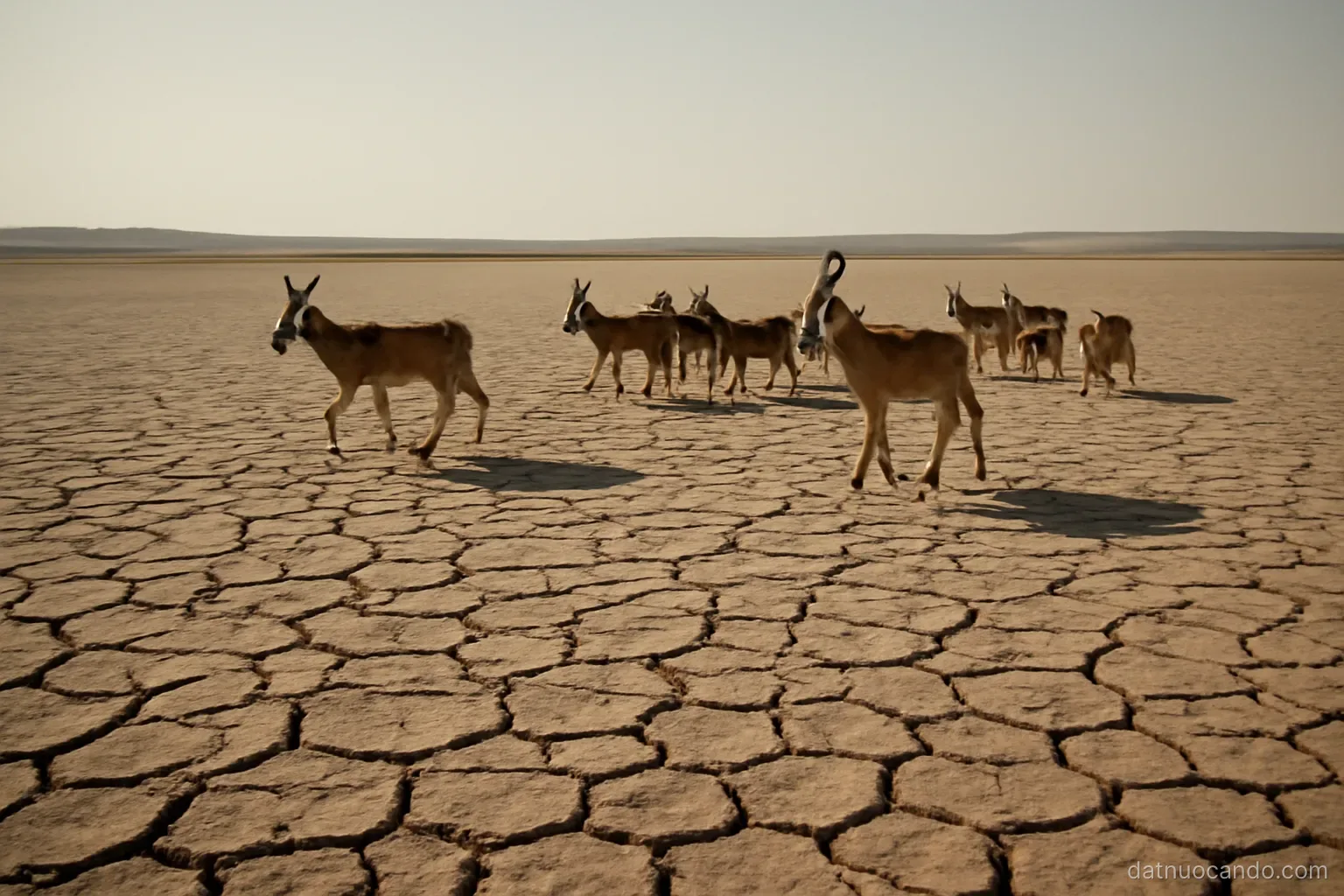 A cracked dry lakebed with a small herd of animals crossing it, long shadows, pale sky without clouds