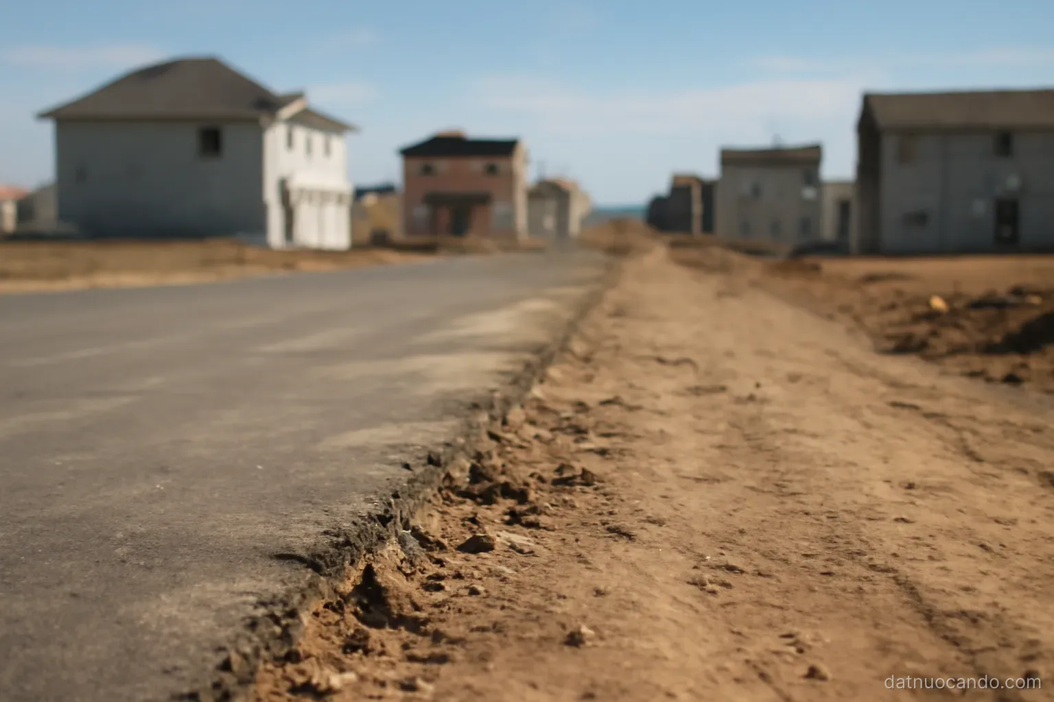 A half-built street where paved surface stops abruptly and open ground continues, scattered new structures beyond