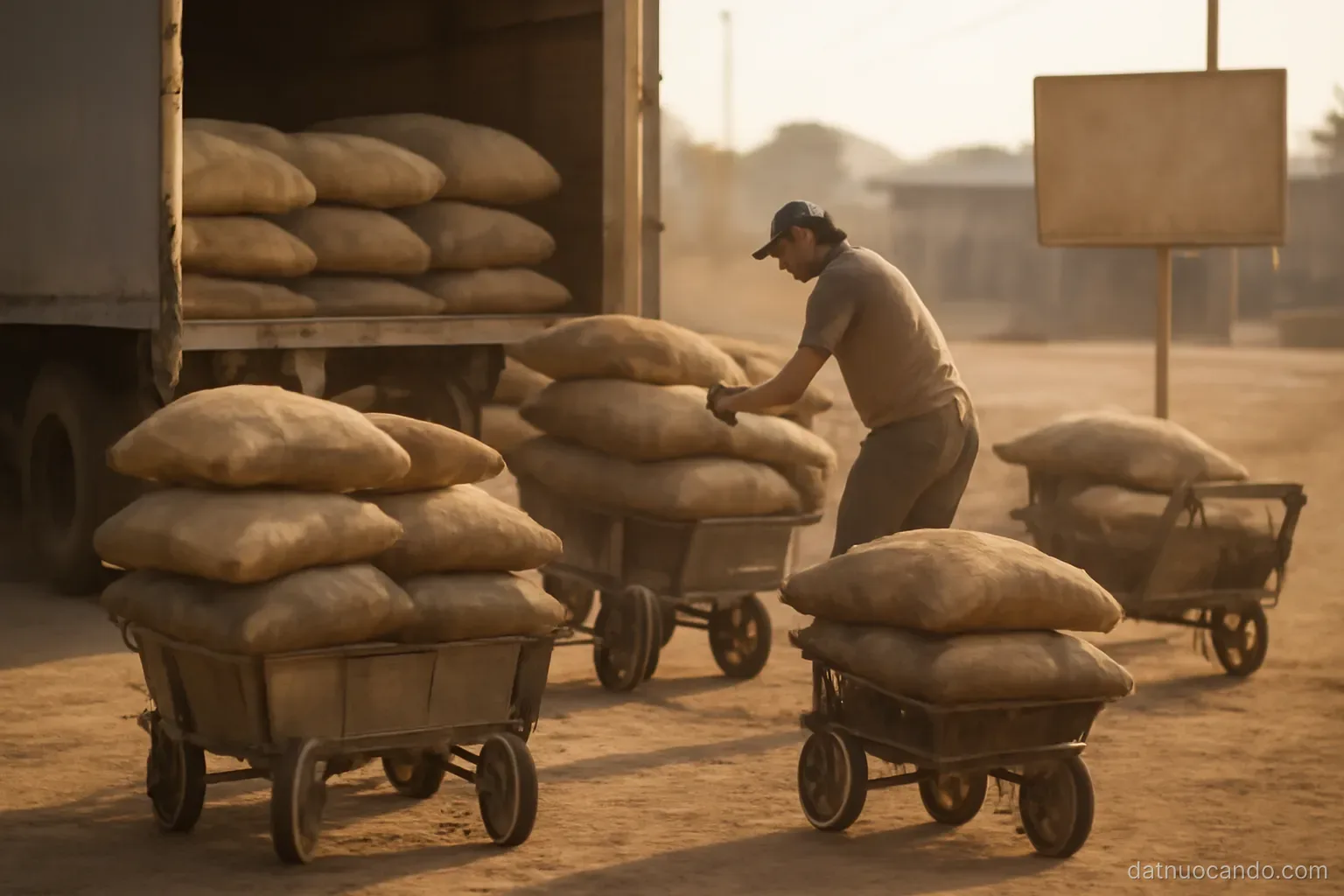 Sacks being transferred from a large truck to several smaller carts at a roadside yard, dusty afternoon light