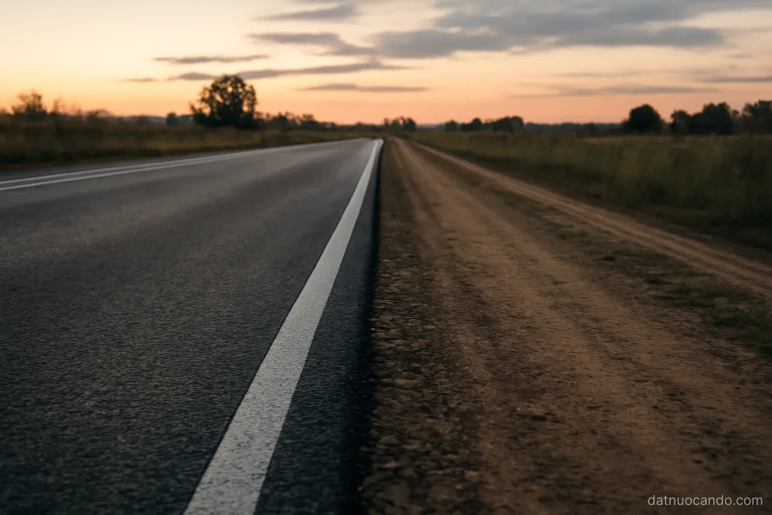 A new paved road running beside an older dirt track, both in use, seen from a low angle at dusk