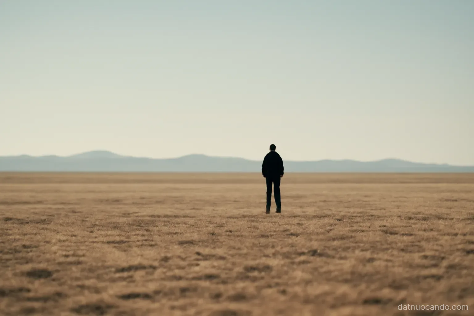 An empty horizon where distant mountains would be, flat open plain under a pale sky, single small figure standing