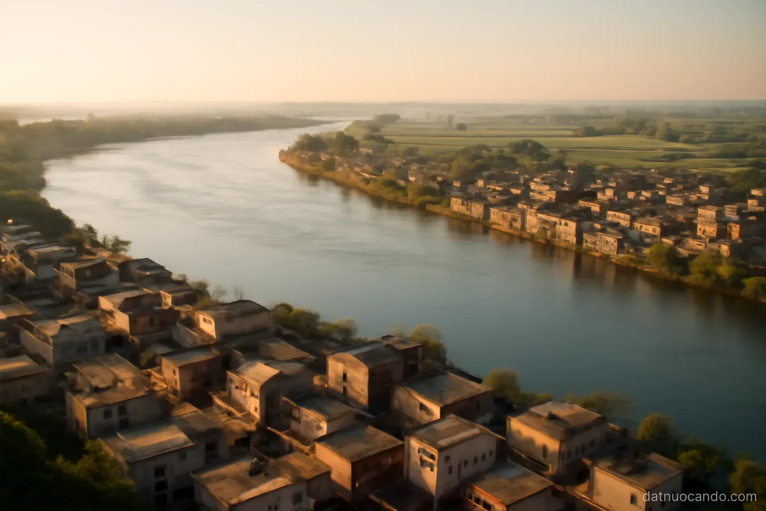 A wide river bend with dense low buildings crowded along one bank and open fields on the opposite side, morning light