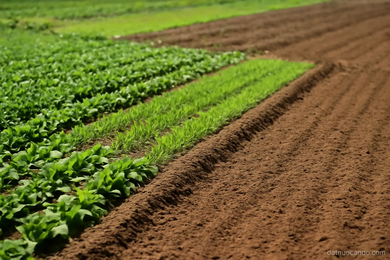Three adjacent plots showing different crops and soil colours separated by low earth ridges, seen from a slight rise